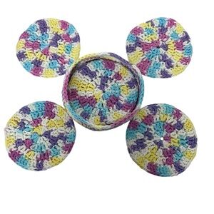 Handmade Crocheted Cotton Coasters, Basket Set of 8 Pink Blue Purple Yellow Whit